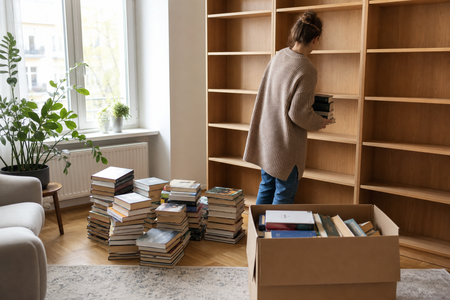 Bücherregal wird ausgeräumt – Stapel Bücher und Spendenkarton in der Wohnung