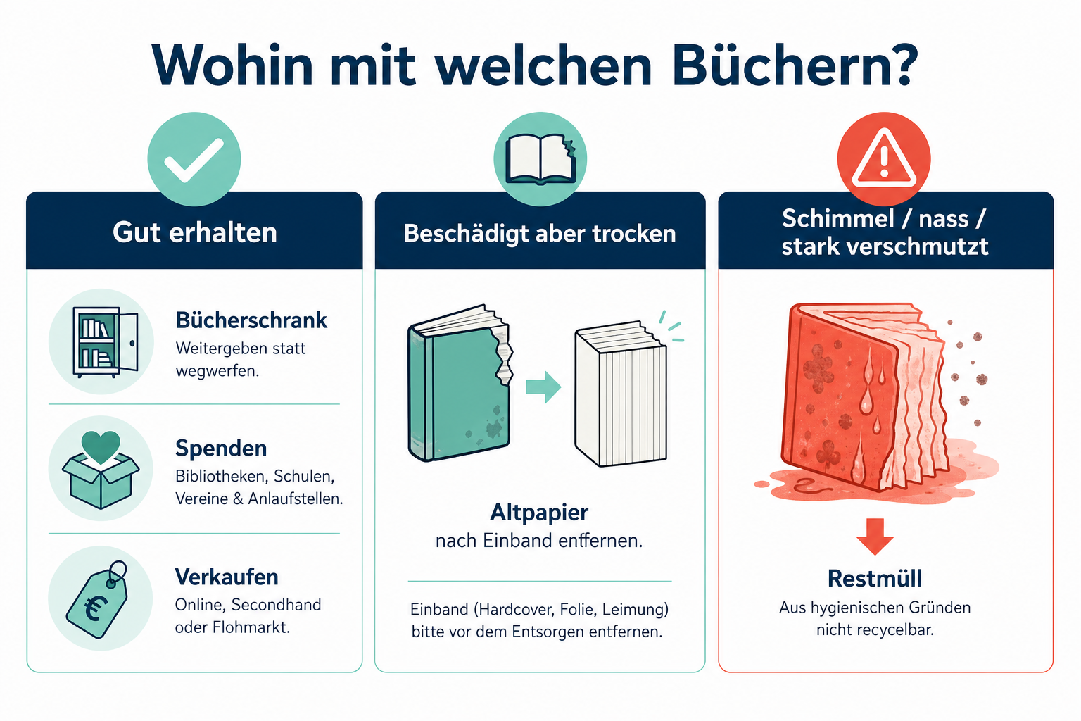 Infografik: Wohin mit welchen Büchern – gut erhalten, beschädigt oder schimmelig