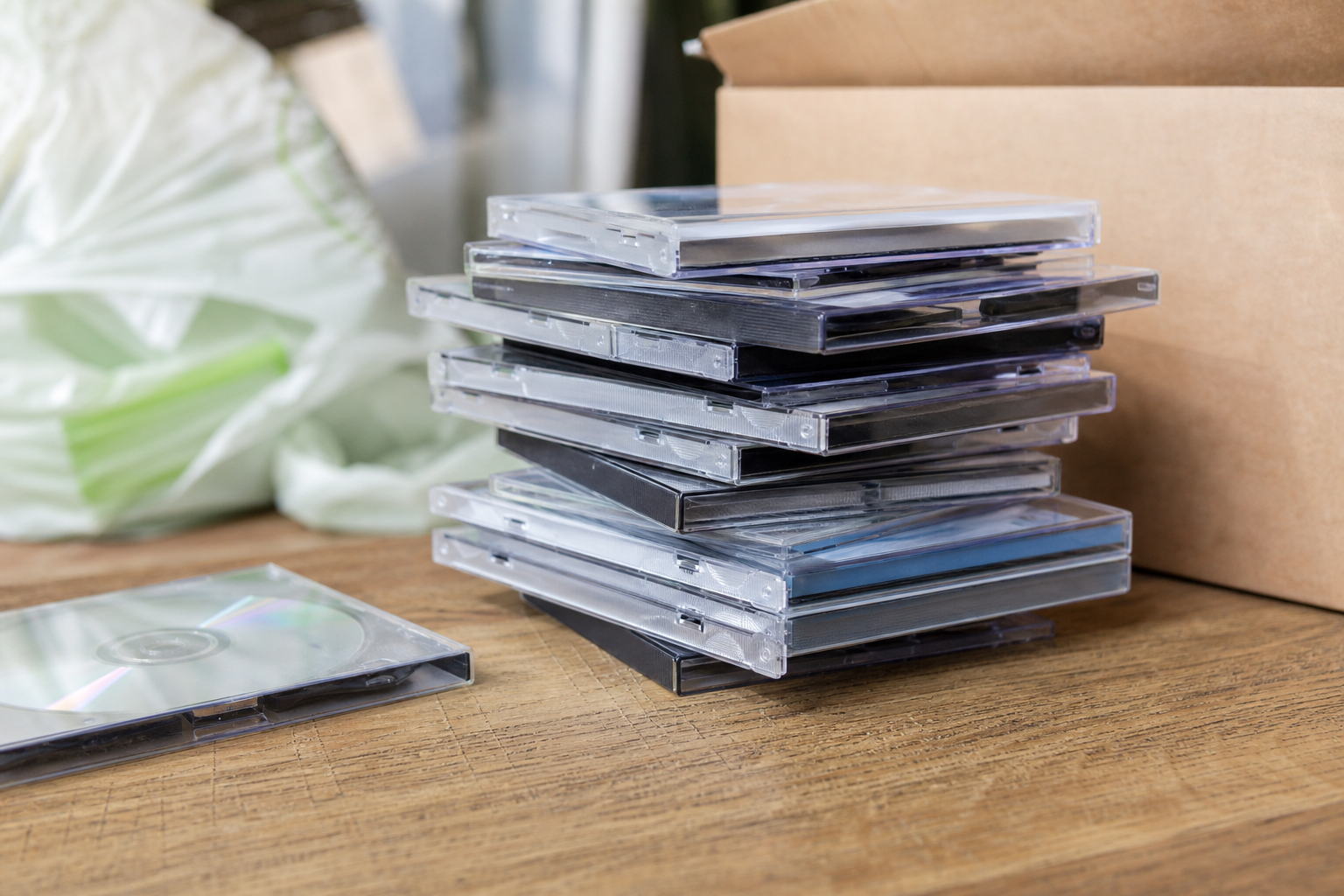 Stapel alter CDs und DVDs in Hüllen – bereit zur fachgerechten Entsorgung