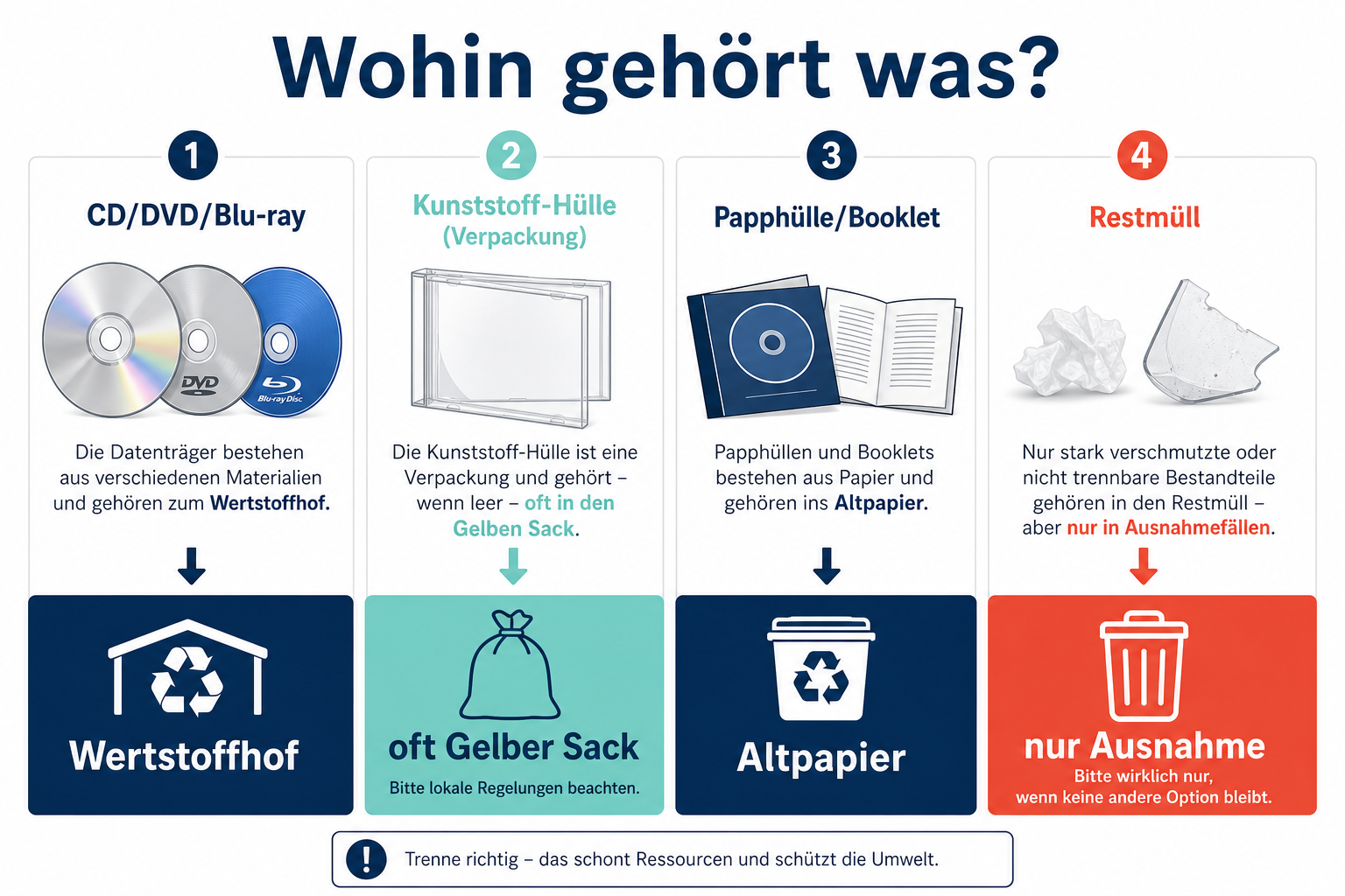 Infografik: Wohin gehören CD, DVD, Hülle und Booklet bei der Entsorgung