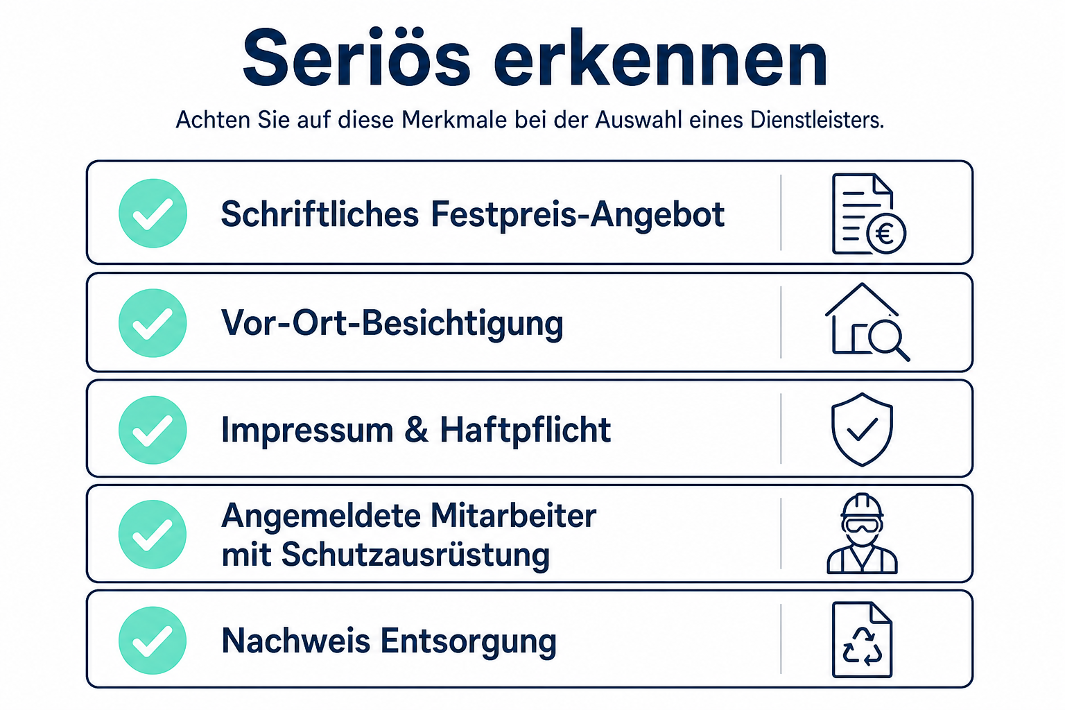 Infografik: Checkliste seriöse Entrümpelungsfirma – Festpreis, Besichtigung, Versicherung, Schutz
