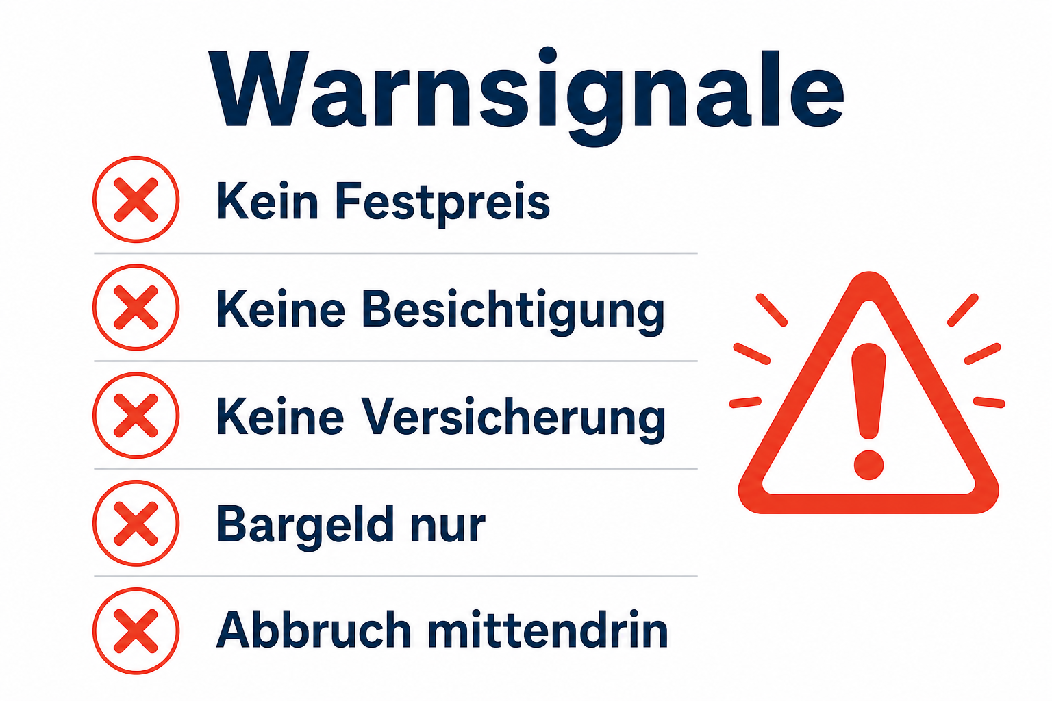 Infografik: Warnsignale bei Entrümpelungsfirmen – kein Festpreis, keine Versicherung, Abbruch