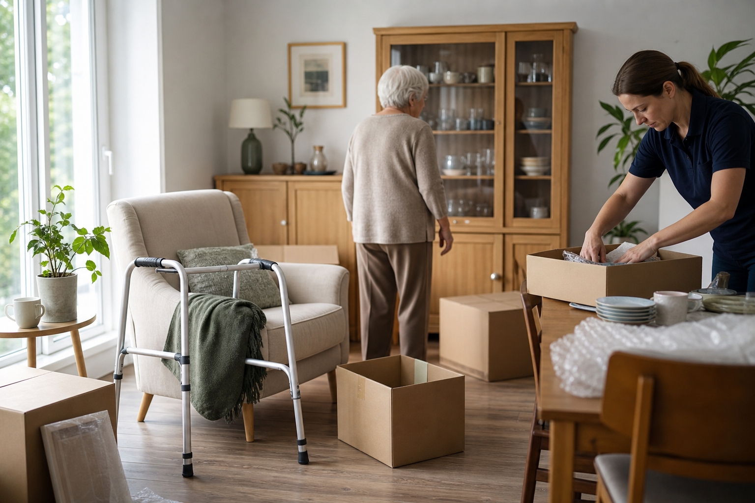 Seniorenumzug und Entrümpelung: Wohnzimmer wird für den Umzug in eine barrierefreie Wohnung vorbereitet