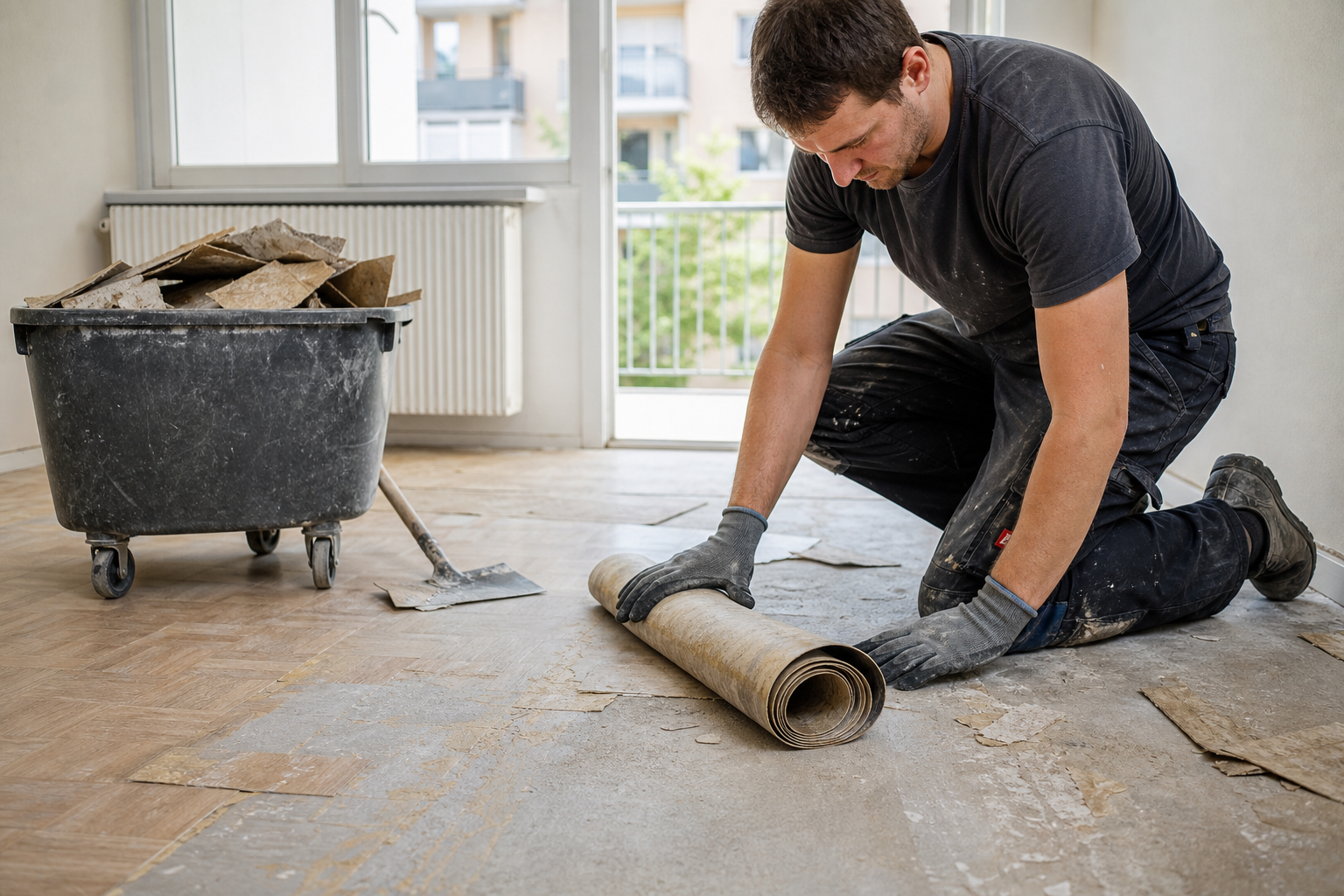 Titelbild: Vinylboden entsorgen: Worauf es ankommt, wie man es macht, wo er hingehört – und warum eine Fachfirma sinnvoll ist
