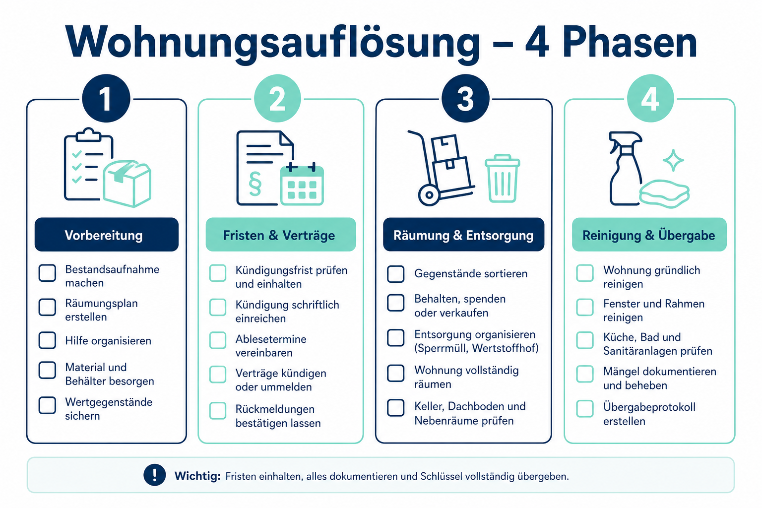 Infografik: Wohnungsauflösung in vier Phasen – Vorbereitung, Fristen, Räumung, Übergabe