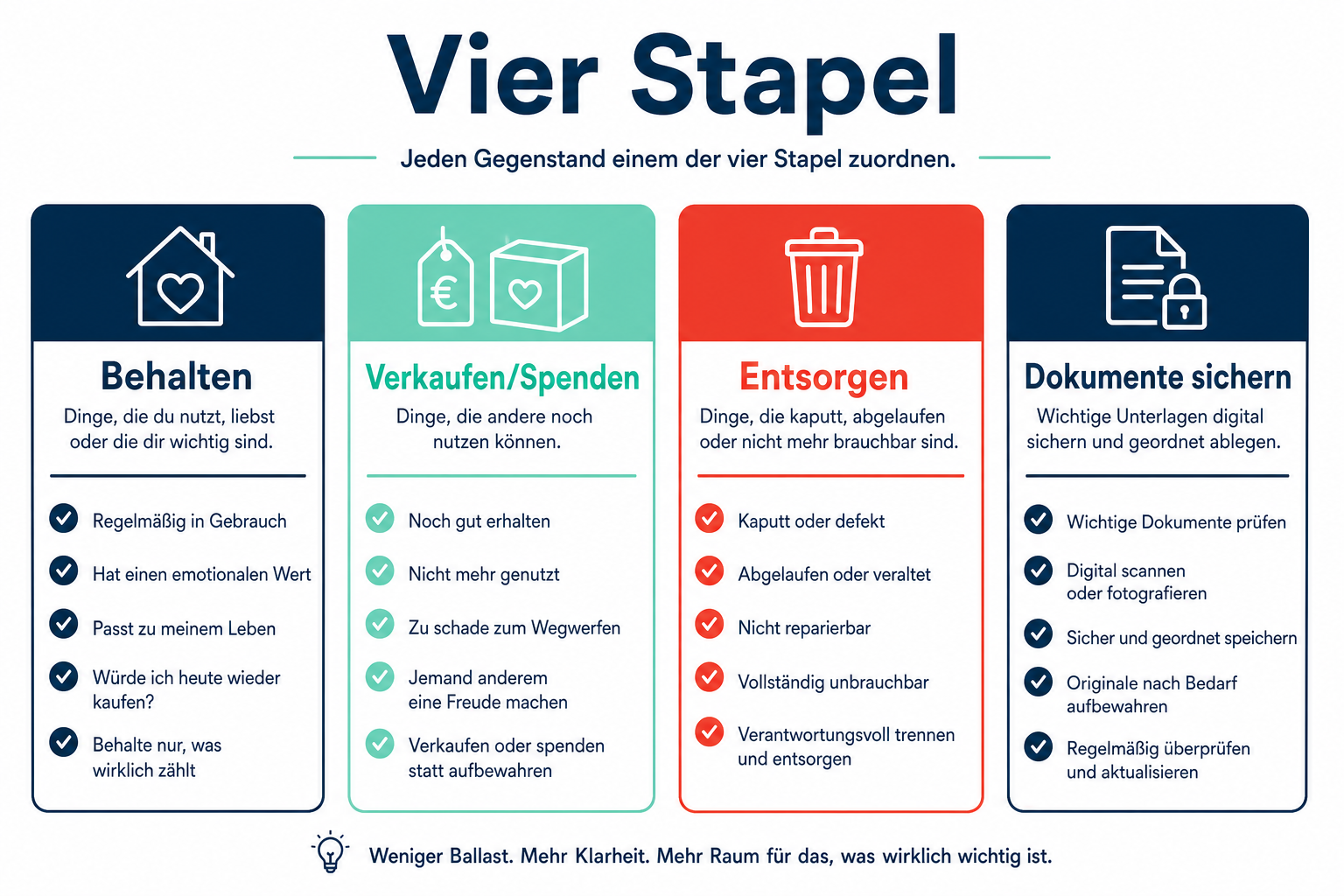 Infografik: Vier Stapel bei der Wohnungsauflösung – behalten, verkaufen/spenden, entsorgen, Dokumente